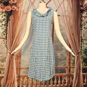 Vintage 1960's Dress Shift Mod Sleeveless Blue Cream Gingam Check Plaid Ruffle
